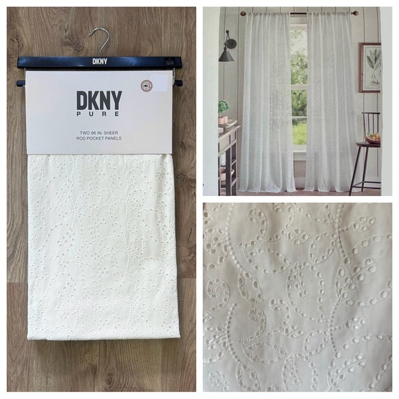 DKNY 50 x 96 Allover Eyelet Sheer White Curtains Rod Pocket Swirl Pattern